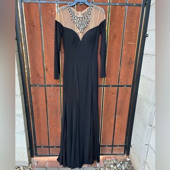 Jovani long sleeve jersey embellished illusion neckline gown size 8 Black NWT - Picture 2 of 11
